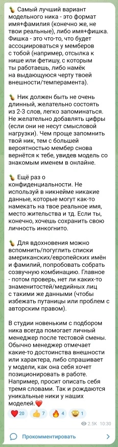 Скриншот советы выбор ника вебкам-модели