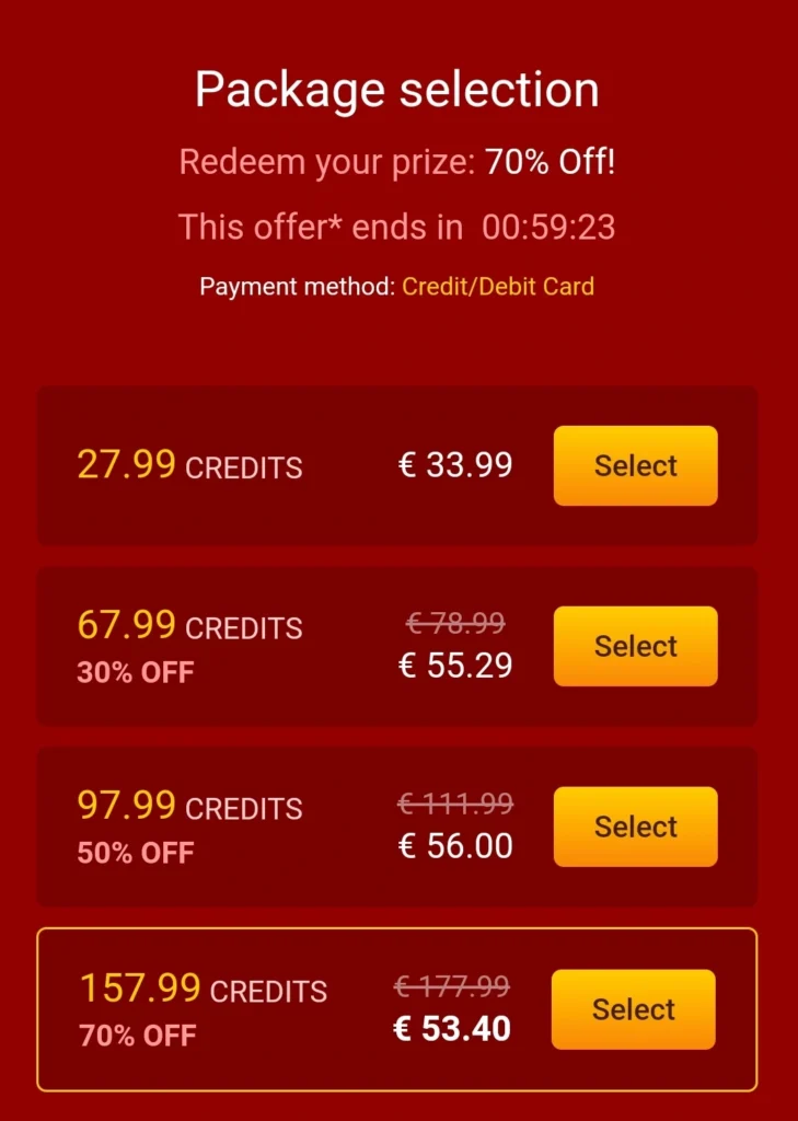 Скриншот стоимость пакета кредитов LiveJasmin